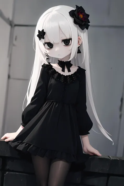 zombie, white hair, expressionless, black eyes, black dress, black tights, hairpin, black flower, depth of field, render, earrings, soft light
