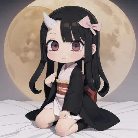 masterpiece, 1girl, solo, smile, standing, <lora:kamado_nezuko_offset:1>, demonslayer, chibiusa, nezuko chibiusa, kamado nezuko, hairpin, black hair with brown tips, kimono, chocker, horn, chibi usa, game cg, full body, SM uniform, full moon, kneeling,