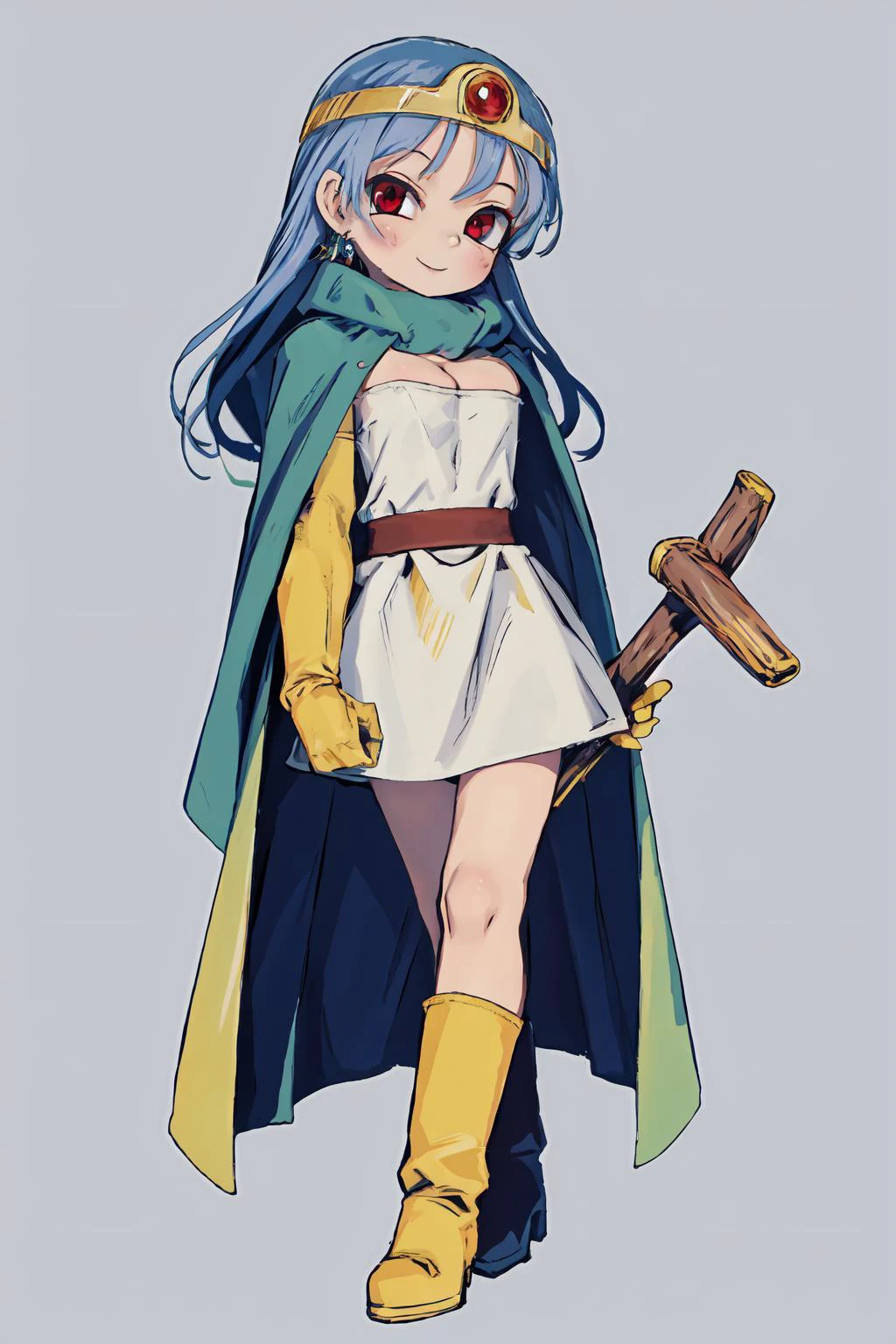 masterpiece, look at viewer, 1girl, standing, solo, full body,smile,
SIMPLE BACKGROUND <lora:sageDragonQuestIII_v10:1>blue hair, circlet, red eyes, white dress, cleavage, elbow gloves, jewelry, boots, belt, cape, holding, staff, yellow footwear,sage \(dq3\)