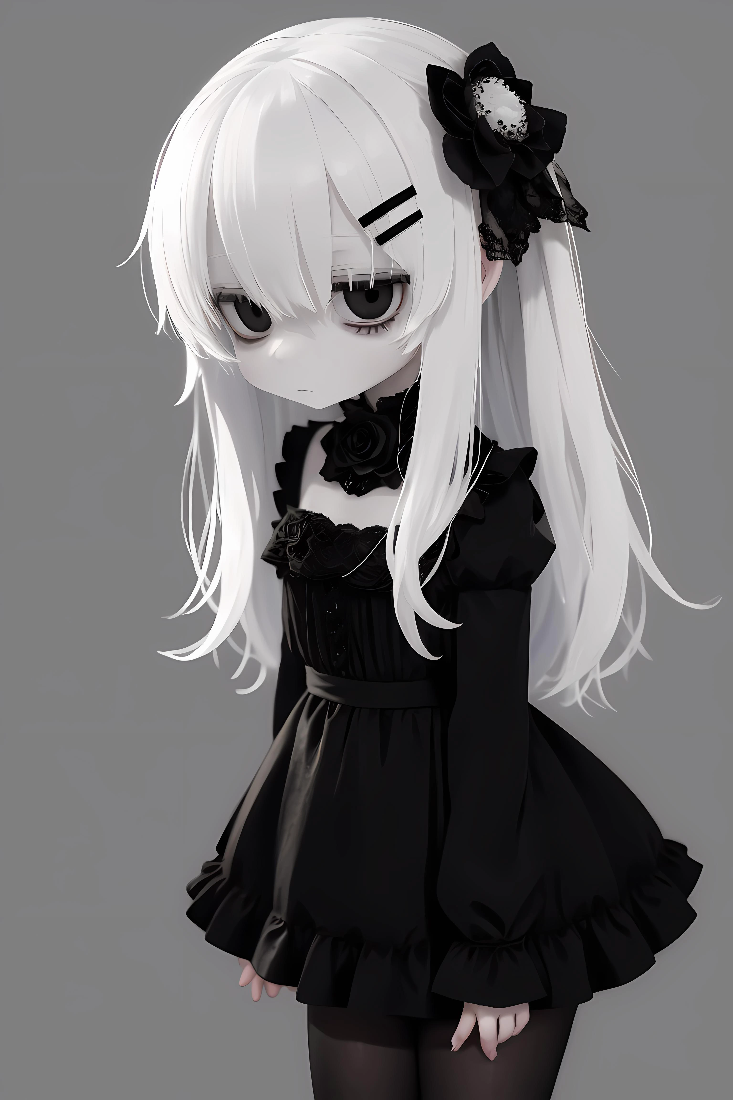 zombie, white hair, expressionless, black eyes, black dress, black tights, hairpin, black flower, depth of field