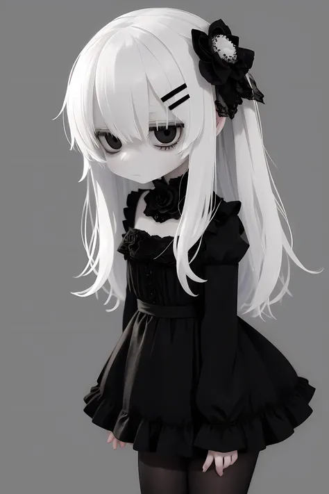 zombie, white hair, expressionless, black eyes, black dress, black tights, hairpin, black flower, depth of field