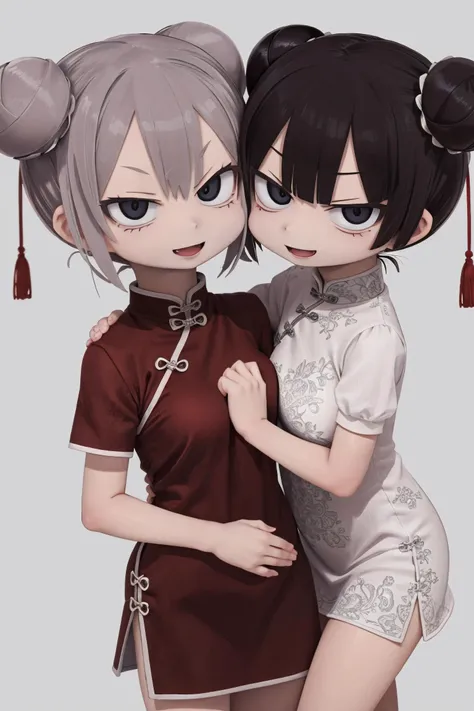 2girls,holding another,object hug,medium breasts,
Double Buns,short hair,
(smirk,naughty face,:D:1.2),
Short sleeves,china minidress,