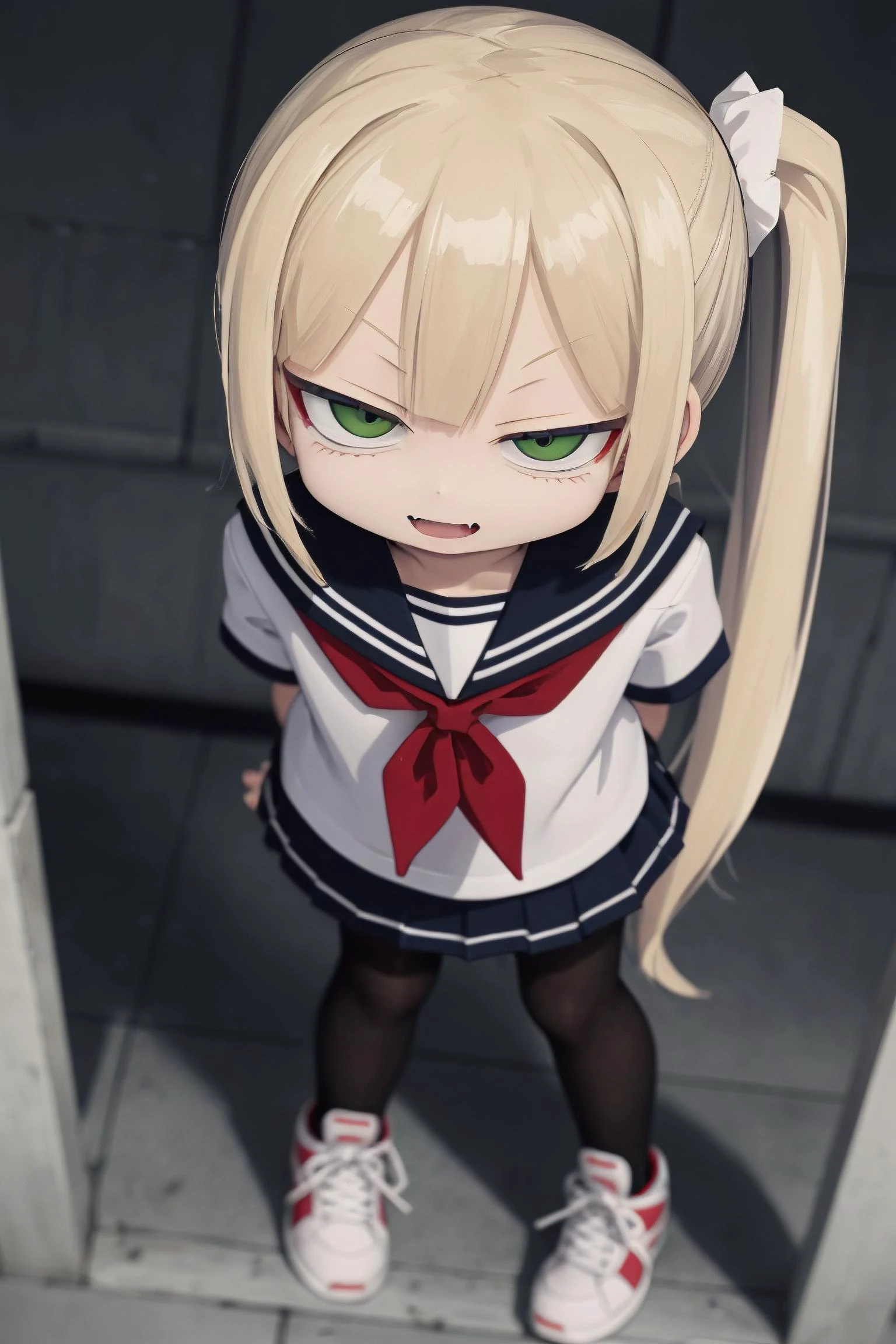 (from above:1.4),pov,(looking up:1.2),bright,(head down:1.2),
solo,1girl,mesugaki,shiny skin,
standing,(bent over:1.2),arms behind back,
blonde hair,side ponytail,
green eyes,(half-closed eyes:1.2),
:D,(smirk,naughty face:1.2),upper teeth,skin fang,
serafuku,Short sleeves,pleated skirt,pantyhose,sneakers,