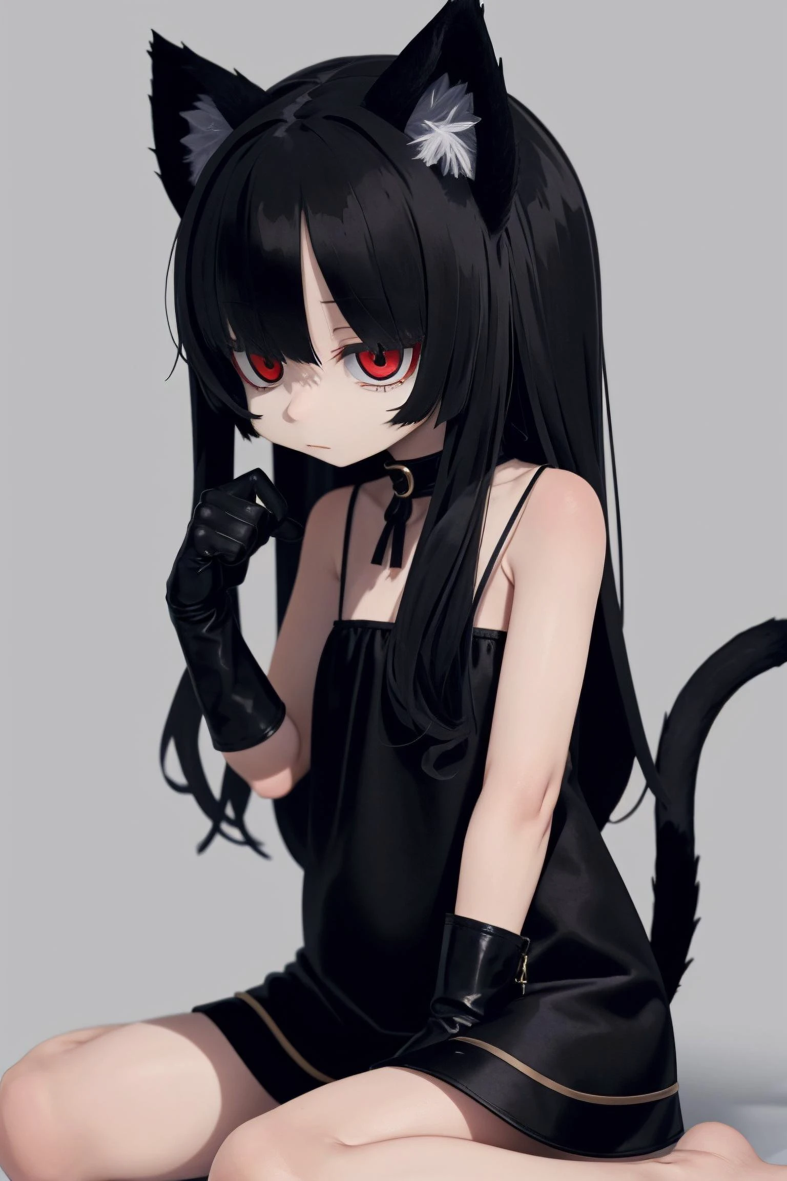 cat girl,gothic,black hair,long hair,cat ears,red eyes,expressionless,tail,black minidress,black gloves