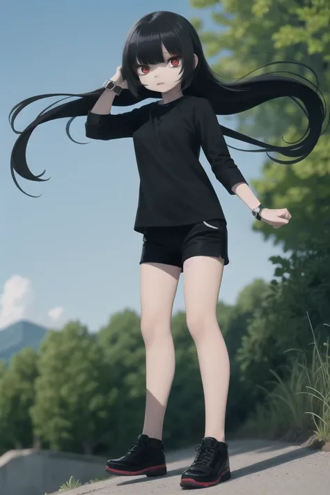 1girl, black shorts, black hair, small breasts, red eyes, full body, outdoors, black shirt, (open clothes:0.5), gem, jewelry, wristwatches, holding hair, long hair, sunlight, wind,