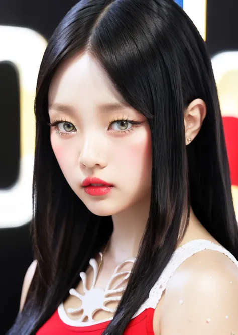 1girl, solo, upper body, looking at viewer, white background, light long hair, makeup, blonde hair, parted lips, red lips, eyeliner, <lora:Hanni-01 (1):1>