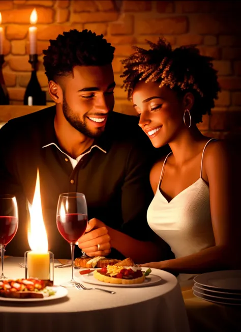 portrait of a beautiful interracial couple having a romantic dinner, wine, food, torches on the wall, schnapps, romantic, inviting, cozy, 8k uhd, octane render, 4k, HDR, dynamic lighting