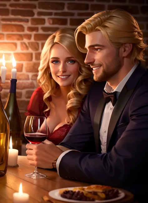 portrait of a beautiful couple having a romantic dinner, wine cellar full of food, torches on the wall, schnapps, romantic, inviting, cozy, blonde woman, painting Vladimir Volegov, 8k uhd, octane render, 4k, HDR, dynamic lighting