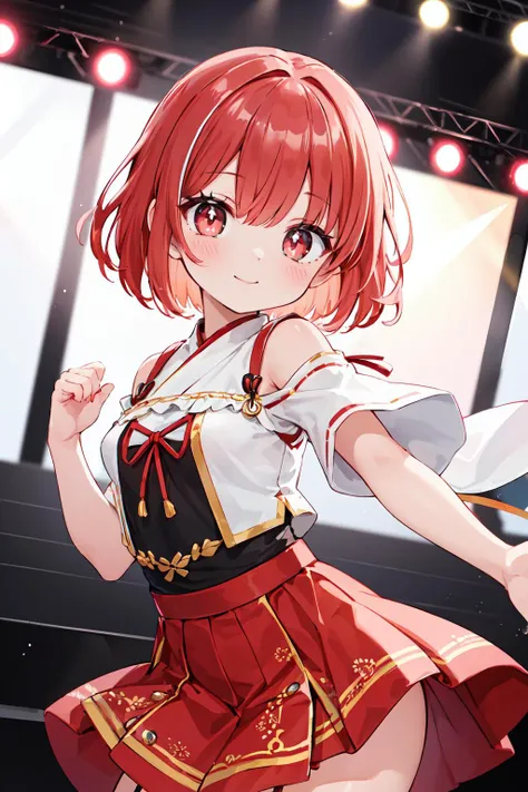 absurdres, highres,(foreground in focus, background blurred),(blurred background),
1 girl,mature,solo,small perky breasts,(madder red hair),(short hair),(wavy hair ends),asymmetrical bangs,beautiful red eyes,ruby textured pupils,(smiley and round eyes),long eyelashes,
closed one eye,traditional_clothes,dancer,dancing,light smile,looking at viewer,colorful, multicolored,harajuku fashion,shiny stage,spot light,(Ambilight),cinematic lighting,shiny skin,stage light,
