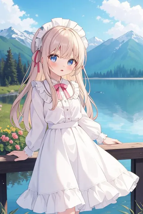 masterpiece,best quality,ultra detail,1girl,outdoor,blush,mountain,lake,long hair,white blouse, frill longskirt,cloud,