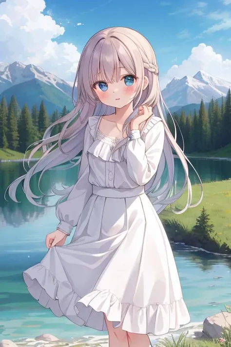 masterpiece,best quality,ultra detail,1girl,outdoor,blush,mountain,lake,long hair,white blouse, frill longskirt,cloud,