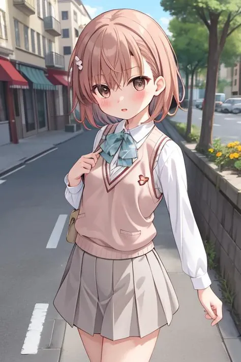 masterpiece,best quality,ultra detail,1girl,outdoor,misaka mikoto,small breasts,blush,city street,short hair,flower hair ornaments,white blouse,knit vest,gray plits miniskirt,pumps