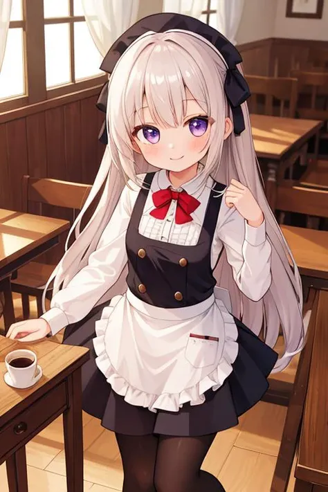 masterpiece,best quality,ultra detail,1girl,petite, wood table,coffee,shiny eyes,waitress uniform,long hair,small breasts,smile