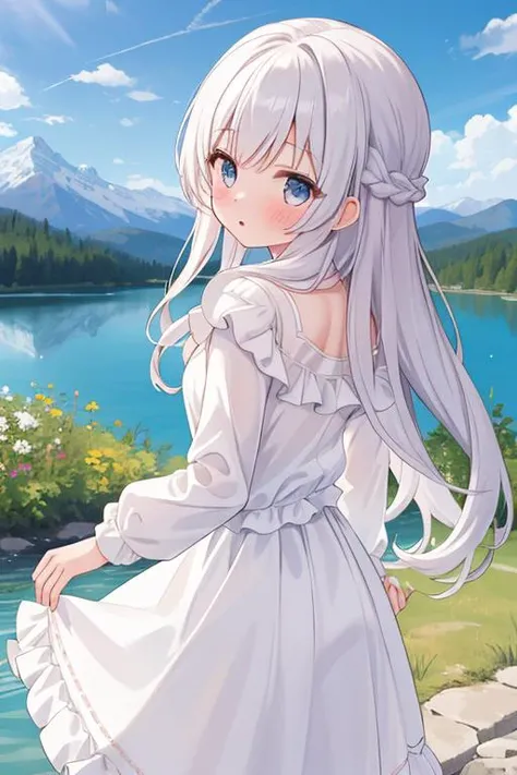 masterpiece,best quality,ultra detail,1girl,outdoor,blush,mountain,lake,long hair,white blouse, frill longskirt,cloud,from back