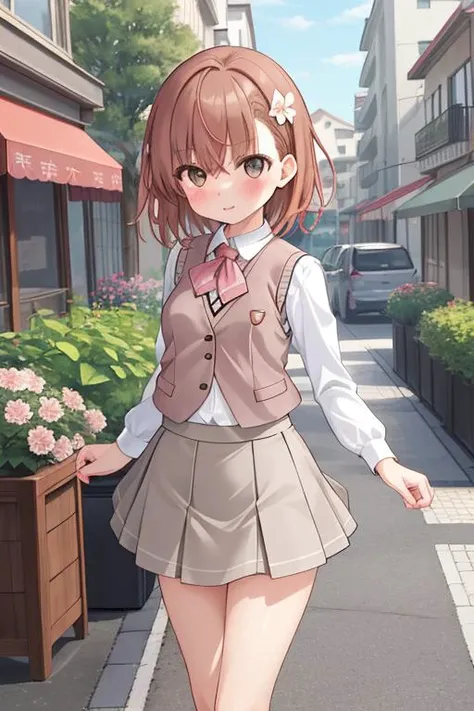 masterpiece,best quality,ultra detail,1girl,outdoor,misaka mikoto,small breasts,blush,city street,short hair,flower hair ornaments,white blouse,knit vest,gray plits miniskirt,pumps