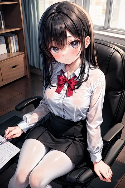 (masterpiece, best quality), a young black haired girl office secretary dressed in a transparent white blouse and black office skirt and black pantyhose ,sitting in an office chair, holding pencil, (detailed skin:1.3),(detailed eyes), (sharp focus), <lora:add_detail:1>