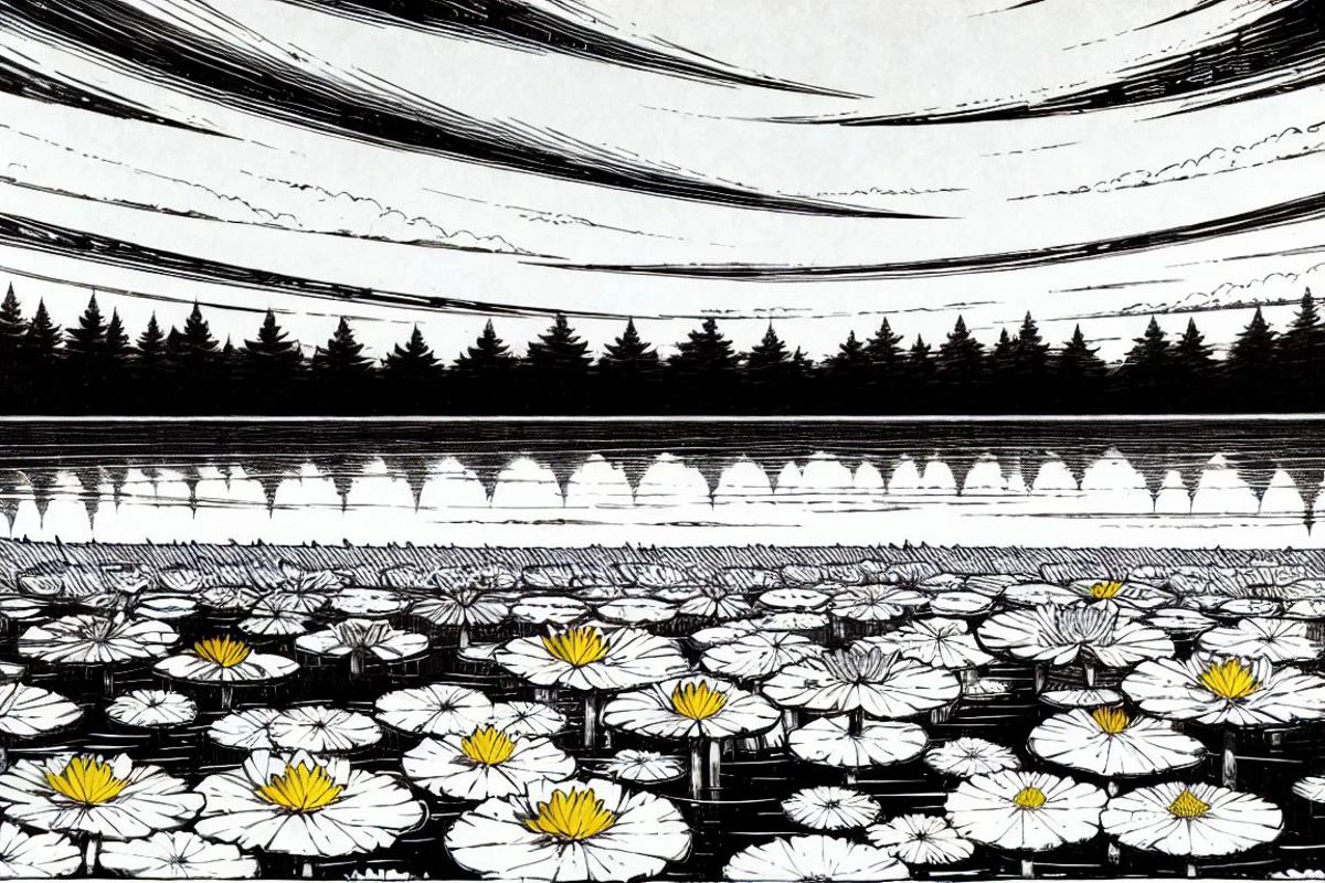 masterpiece, <lora:kitamurashu-56:1>
kitamurashu, monochrome, no humans, greyscale, outdoors, forest, lake, flowers, sky, cloud, sun, spot color, lily pad,