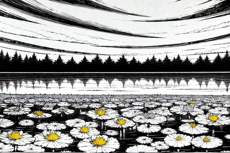 masterpiece, <lora:kitamurashu-56:1>
kitamurashu, monochrome, no humans, greyscale, outdoors, forest, lake, flowers, sky, cloud, sun, spot color, lily pad,