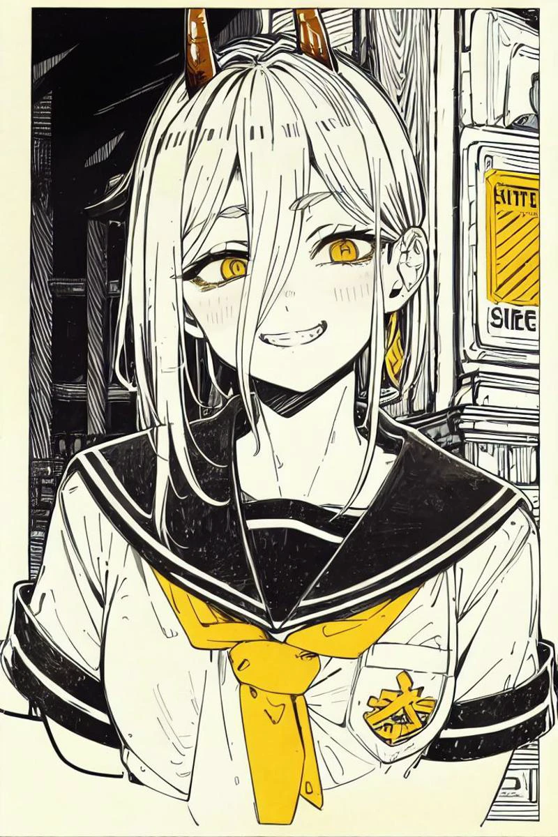 masterpiece, <lora:kitamurashu-56:1>
kitamurashu, monochrome, spot color, yellow eyes, simple background , <lora:powerChainsawMan_v11:0.7> power, horns, red eyes, school uniform, serafuku, grin