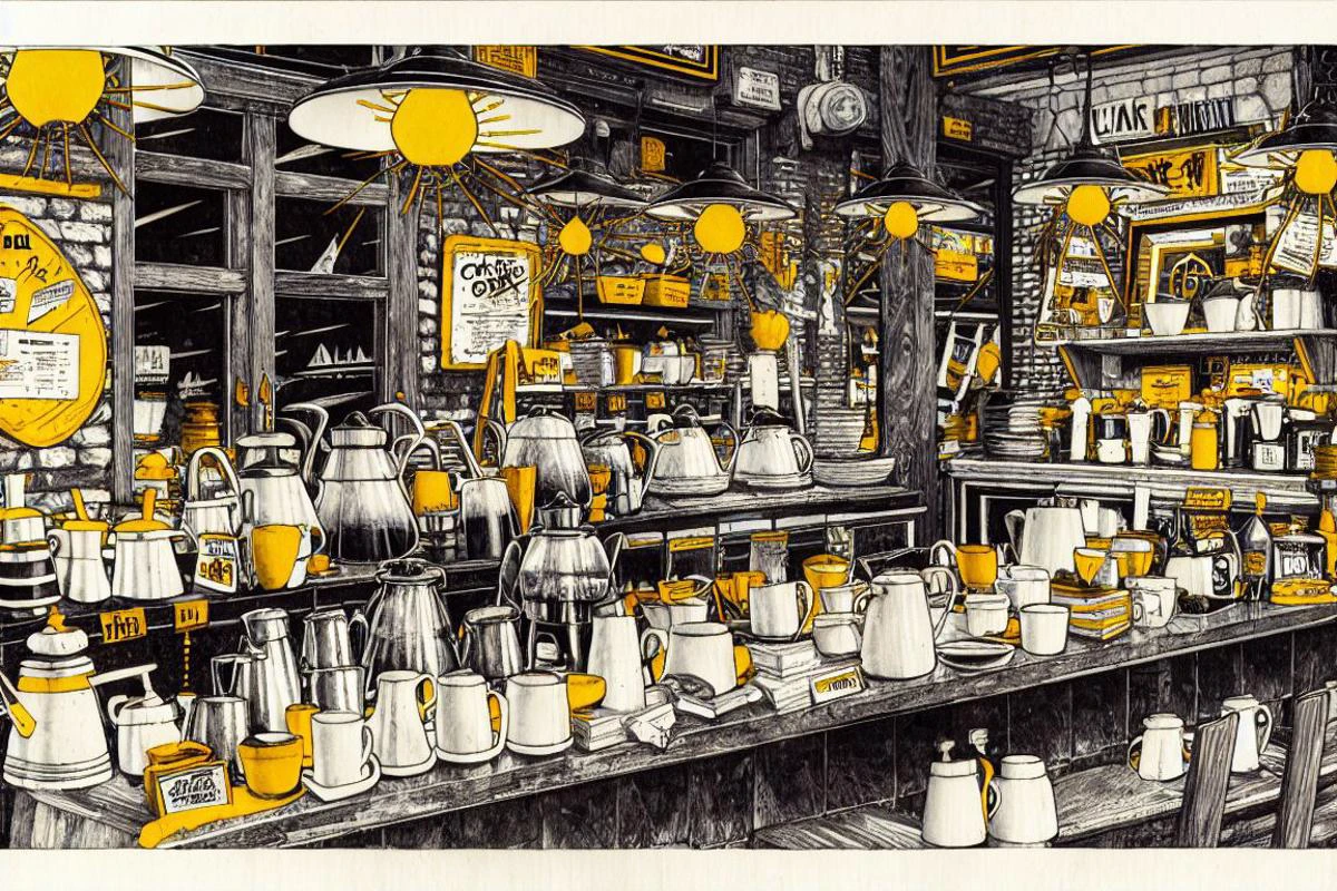 masterpiece, <lora:kitamurashu-56:1>
kitamurashu, monochrome, no humans, greyscale, indoors, cup, chair, phone, border, table, plant, white border, plate, spot color, outside border, brick wall, hatching (texture), restaurant, coffeepot, cafe, lamp, clutter, mirror, books, shelf, table, potted plant