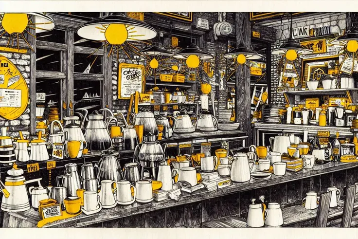 masterpiece, <lora:kitamurashu-56:1>
kitamurashu, monochrome, no humans, greyscale, indoors, cup, chair, phone, border, table, plant, white border, plate, spot color, outside border, brick wall, hatching (texture), restaurant, coffeepot, cafe, lamp, clutter, mirror, books, shelf, table, potted plant