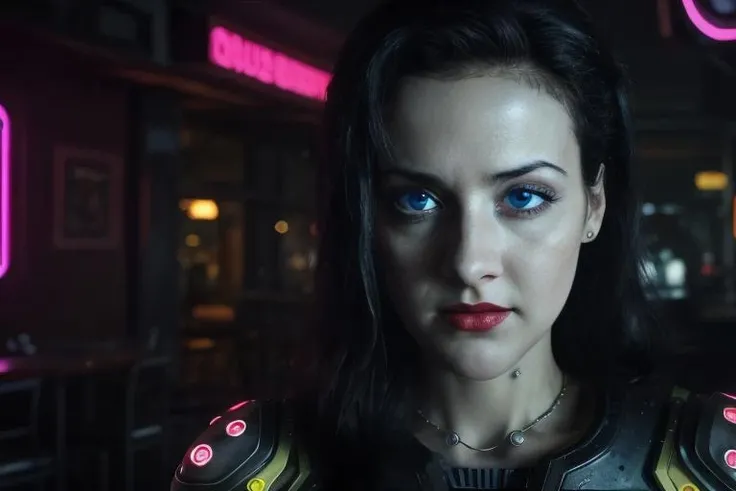 rule of three, waist up shot (ramonamilano:1.2) woman <lora:ramonamilano2:1> , smiling nervously, (bright blue eyes:1.5), pale skin, as (scared:1.6), nervous, woman, becky in sin city looking over shoulder to see who's following her, (cyberpunk:1.7) high contrast, in (cyberpunk bar:1.2), (bright neon lights:1.5), detailed face, detailed nose, (((red lipstick)))+++, colored highlights in hair, perfect eyes, industrial, noir, (sin city:1.2), bladerunner, vampire, cinematic shot, broken derelict sci-fi, (looking over her shoulder:1.1). Steam, intricate background. sci-fi horror movie, dystopian, moody, soft lighting, backlit, cinematic film still, shallow depth of field, vignette, extremely detailed, high budget Hollywood movie, cinemascope, (film grain:0.3), detailed, realistic, 8k uhd, high quality, 1girl
