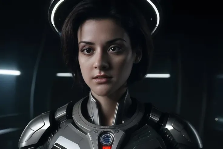 rule of three, waist up shot (ramonamilano:1.2) woman <lora:ramonamilano2:1> (cybernetics),(highly detailed:1.2),(best quality:1.2),(8k:1.2),sharp focus,(subsurface scattering:1.1),(award-winning photograph:1.3) (one cyborg with black hair:1.2), neon glow,face centered,(standing in a futuristic spaceport:1.3) (highly detailed background:1.2),(sci-fi horror:1.2), (knollingcase:1.1),(dreamlikeart:1.0), dramatic lighting