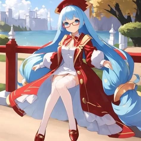 <lora:MinaNishizawaNeptunia-05:0.9>, (extremely detailed:1.3),(highly detailed:1.2),(best quality:1.2),(masterpiece:1.2), best quality, solo, 1girl, Mina, very long hair, twintails, low-tied long hair, blue hair, blue eyes, red-framed eyewear, cleavage, ribbon, dress, long sleeves, red headwear, white thighhighs, coat, red footwear, shoes, full body shot, full body, dynamic poses