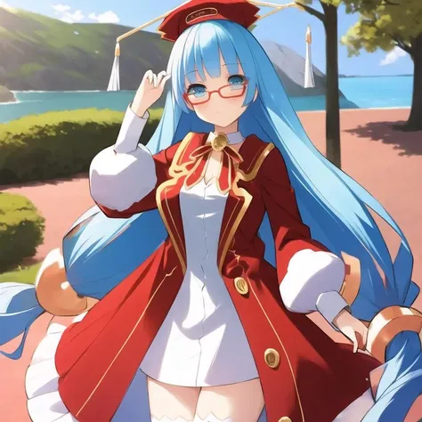 <lora:MinaNishizawaNeptunia-05:1>, (extremely detailed:1.3),(highly detailed:1.2),(best quality:1.2),(masterpiece:1.2), best quality, solo, 1girl, Mina, very long hair, twintails, low-tied long hair, blue hair, blue eyes, red-framed eyewear, cleavage, ribbon, dress, long sleeves, red headwear, white thighhighs, coat, red footwear, shoes, full body shot, dynamic poses