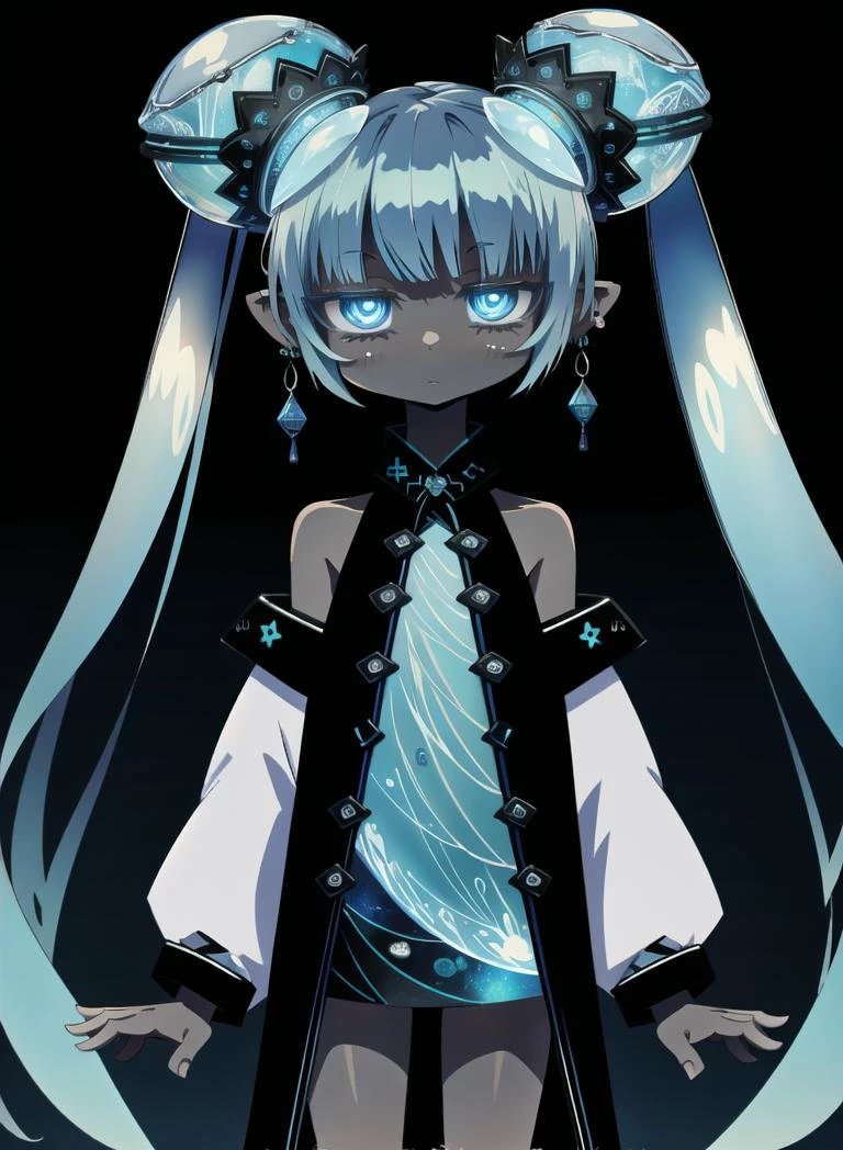 bioluminescent,undersea,scifi,atlantistech 1 girl, solo, mature woman, slender, dark skin, shaded face, simple calligraphic background,standing, cool face, calm, sharp eyes, soft smile, sexy white chinese dress, off shoulders, hoop earings, intricate designed,short twintails
<lora:AtlantisTech-20:1>