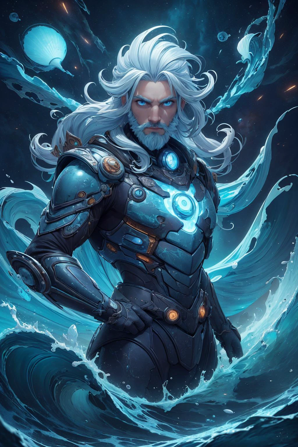 (masterpiece, best quality:1.4), best quality, high detail, (beautiful, aesthetic, perfect, delicate, intricate:1), professional lighting, slim and smooth lines, fractal art, <lora:detail_slider_v4:1.0>,
(1man, masculine adult male:1.2), blue eyes, white hair, thin beard,
Style-GravityMagic, solo, (full body:0.6), looking at viewer, detailed background, detailed face, (<lora:AtlantisTech:0.6>, shell, scifi, atlantistech, atlantistech theme:1.1), harbinger of the apocalypse, hollow stare, wearing tattered armor, fiery radiating energy, cataclysm, debris swirling all around, inevitable doom, floating particles, giant waves crashing, supernova in background, distorted echoes, apocalyptic atmosphere, ethereal lights,