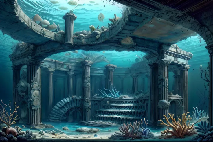 masterpiece, atlantistech, sunken ruins, atlantis, piranesi, classical architecture, undersea, underwater, seafloor, <lora:PIRANESI V1:0.4> <lora:AtlantisTech:0.9>