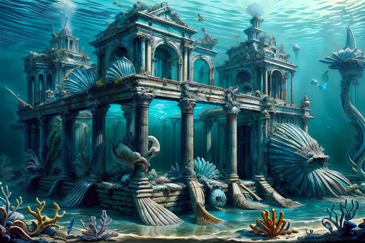 masterpiece, atlantistech, sunken ruins, atlantis, piranesi, classical architecture, (statues), undersea, underwater, fish, <lora:PIRANESI V1:0.4> <lora:AtlantisTech:0.9> <lora:add_detail:1>