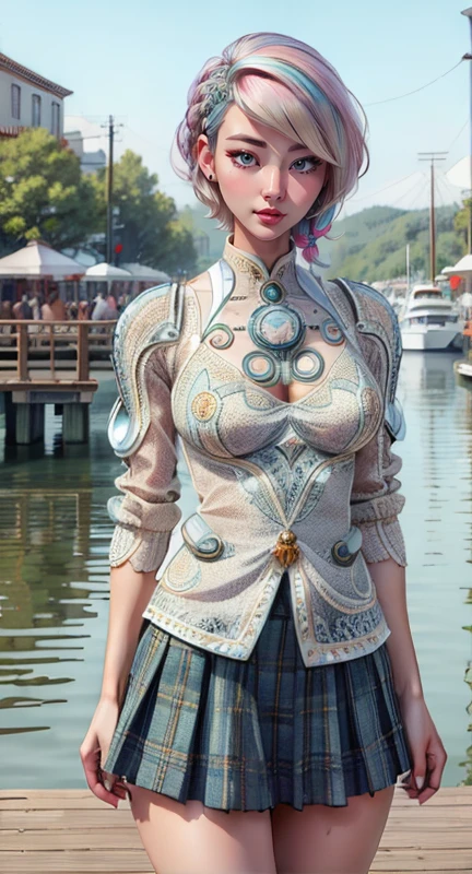 adult Korean woman with platinum blonde colored Faux Hawk hair,wearing atlantistech Preppy: Pleated skirt, button-down shirt, cardigan, and loafers. and posing seductively at a Boardwalk, (masterpiece, best_quality, ultra-detailed, immaculate:1.3), <lora:AtlantisTech:0.69> , scifi, <lyco:EnvyThiccMix04:1.0>