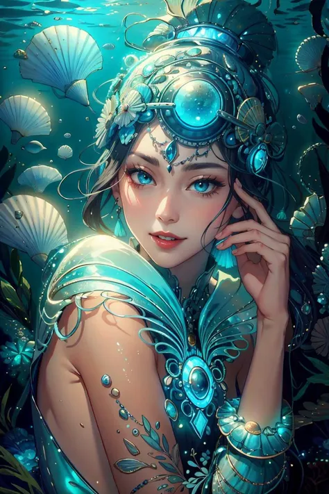 A beautiful woman with a jellyfish on her head, deep ocean lightning