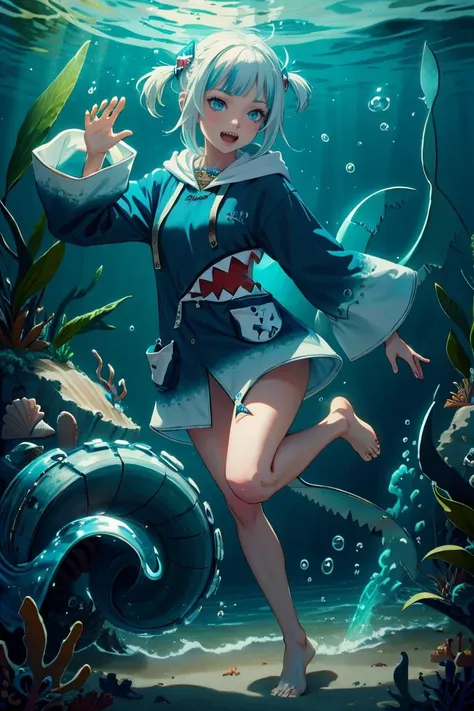 2d, masterpiece, best quality, anime, highly detailed, full body, 1young_teen_girl, solo, gura_hoodie, blue hoodie, shark hood, standing, :d, sharp teeth, in_deep_sea_background , underwater_landscape,,bubble.happy,dynamic_floating_pose,rise_hands,open_legs, naked_legs,wet,claw_pose,tail,evil_smile,