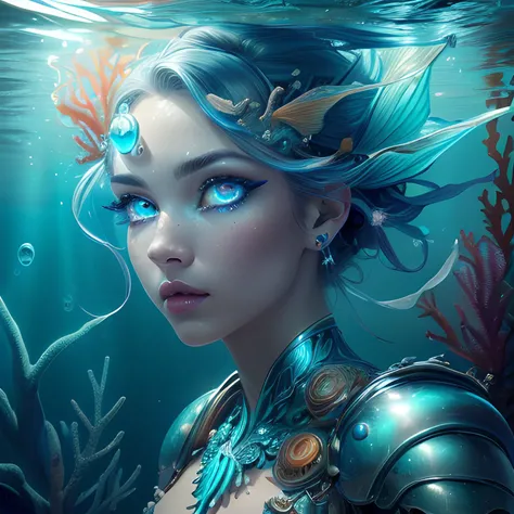 (masterpiece, 8k, uhd, photorealistic, ultra-detailed, film grain, photography, dynamic lighting, dreamy:1.4), 1 female, underwater, blue and gold, Atlantis, mermaid, belly button, lean body, abs, battle armour, long flowing orange hair, (perfect face, amazing eyes, detailed iris, perfect proportions, beautiful, perfect face, flawless, sharp detail, detailed eyes:1.5), <lora:AtlantisTech-20:0.9> atlantistech, bioluminescent , undersea, fish, coral reef, blue water, sunlight, majestic, elegant, poised, detailed background, bubbles