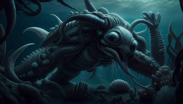 can u create an image of a creature. Description it looks like a half wale and back whit a octapus with a sharp 8 tentacle near the tale which sucks blood , its black colour