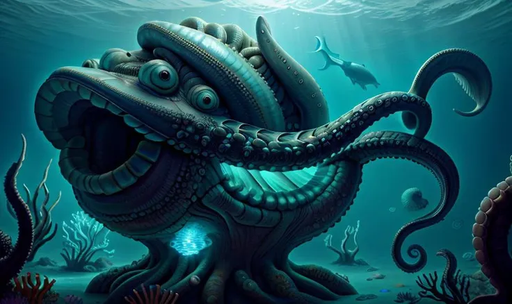 photorealistic, monster, octopus, <lora:AtlantisTech:1> atlantistech, bioluminescent , undersea, ambient occlusion