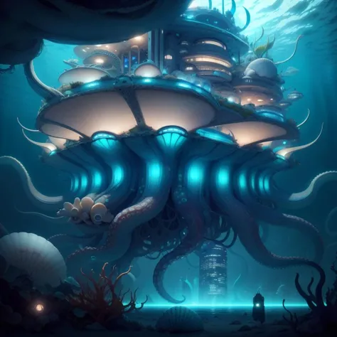 <lora:AtlantisTech-20:0.8>, atlantistech ,scifi, ,bioluminescent ,undersea, shell,
city, buildings, windows, giant  octopus,
