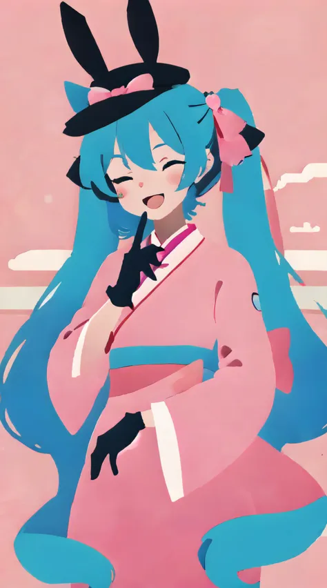 perfect linear art, yuki miku, 1girl, hatsune miku, rabbit, one eye closed, crescent, open mouth, gloves, pink bowtie, rabbit yukine, upper body, blue hair, blue eyes, bow, pink bow, twintails, 1other, smile, kimono, japanese clothes, fur trim, crescent hair ornament, long hair, multicolored hair, black gloves, hat, fur-trimmed kimono, light blue hair, looking at viewer, animal, blue gloves, pink kimono, very long hair, pink hair, bowtie, yellow background, hair bow, ribbon, >_o, hair ornament, hair ribbon, multicolored eyes, holding, wide sleeves, <lora:FlatAnime:1>