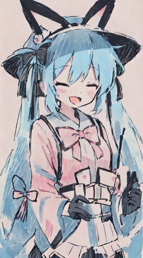 perfect linear art, yuki miku, 1girl, hatsune miku, rabbit, one eye closed, crescent, open mouth, gloves, pink bowtie, rabbit yukine, upper body, blue hair, blue eyes, bow, pink bow, twintails, 1other, smile, kimono, japanese clothes, fur trim, crescent hair ornament, long hair, multicolored hair, black gloves, hat, fur-trimmed kimono, light blue hair, looking at viewer, animal, blue gloves, pink kimono, very long hair, pink hair, bowtie, yellow background, hair bow, ribbon, >_o, hair ornament, hair ribbon, multicolored eyes, holding, wide sleeves, <lora:Pencil_Sketch_Dim64_SD:1>