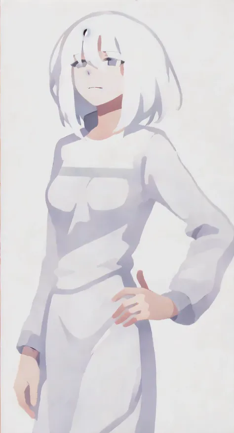 clean lines, manga style, minimalistic style, clear complexion, a young woman, masterpiece, best quality, portrait, solo, white background, medium hair, white hair, grey eyes, white shirt, long sleeves, (monochrome), (greyscale), (limited color), traditional media, sketch, standing, <lora:SYK_Vector Flat Anime Style:1>