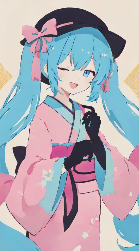 perfect linear art, yuki miku, 1girl, hatsune miku, rabbit, one eye closed, crescent, open mouth, gloves, pink bowtie, rabbit yukine, upper body, blue hair, blue eyes, bow, pink bow, twintails, 1other, smile, kimono, japanese clothes, fur trim, crescent hair ornament, long hair, multicolored hair, black gloves, hat, fur-trimmed kimono, light blue hair, looking at viewer, animal, blue gloves, pink kimono, very long hair, pink hair, bowtie, yellow background, hair bow, ribbon, >_o, hair ornament, hair ribbon, multicolored eyes, holding, wide sleeves, <lora:epi_noiseoffset2:1>