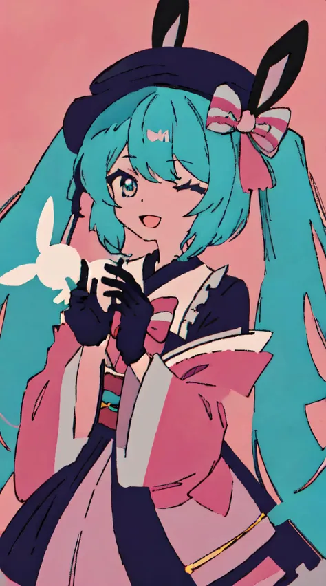 perfect linear art, yuki miku, 1girl, hatsune miku, rabbit, one eye closed, crescent, open mouth, gloves, pink bowtie, rabbit yukine, upper body, blue hair, blue eyes, bow, pink bow, twintails, 1other, smile, kimono, japanese clothes, fur trim, crescent hair ornament, long hair, multicolored hair, black gloves, hat, fur-trimmed kimono, light blue hair, looking at viewer, animal, blue gloves, pink kimono, very long hair, pink hair, bowtie, yellow background, hair bow, ribbon, >_o, hair ornament, hair ribbon, multicolored eyes, holding, wide sleeves, <lora:flat_color:1>