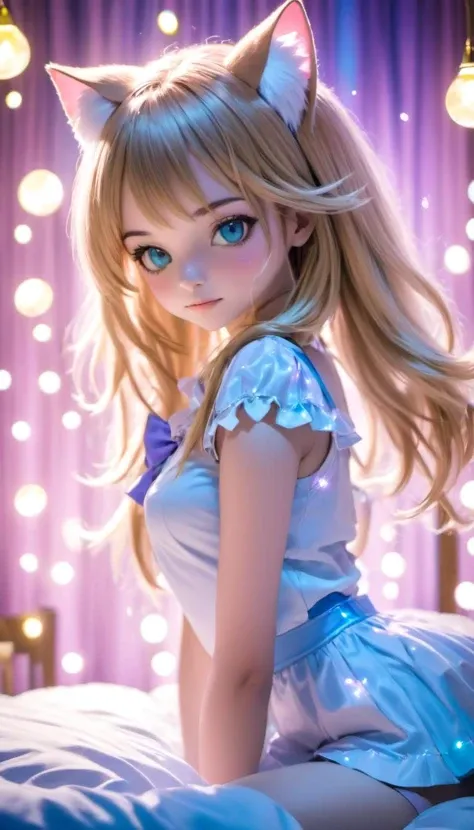 a pretty 19-year-old magical-girl posing on her bed, cute alice-in-wonderland outfit, cat ears, vibrant magical particle effects, volumetric lighting, anti-aliasing, color-graded, bokeh, 1DOF, nikon D850