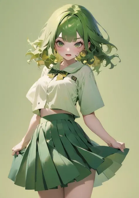 masterpiece, best quality, tlrmomo, hair flower, yellow sweater vest, white shirt, short sleeves, green skirt, black thighhighs, closed eyes, smile, hand to own chest, blue sky, trees, ,( ciberpunk 2.1), (dedos detailed ), (mostrando panties:1.4) 