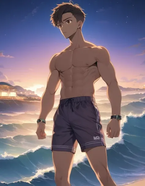 Best quality, masterpiece, ultra high res,detailed background,hadesstyle,solo,male,mature,bara,muscular,mature male,thick thighs,swim pool,full body,swimmer, swimsuit,swim trunks,swimming goggles,sports,depth of field,summer