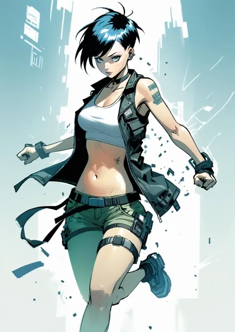 1 beautiful  female, 
battle, dynamic pose , 
Pixie Cut,
tank top
jacket
cyberpunk
(sketch by Jeff Lemire	)