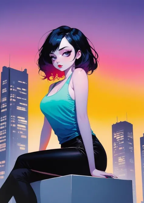 1girl,
cleavage
tank top
sit
top of the buildings
gradient color, shadow
detailed
(art by
Harumi Hironaka,)